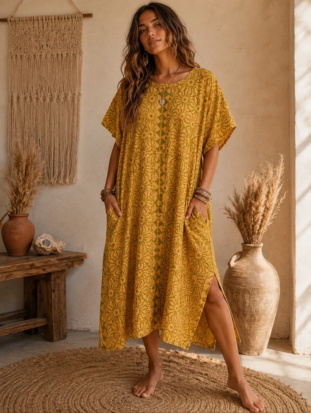 Vintage Women's Chic Boho Yellow Celestial Kaftan Cotton Midi Dress